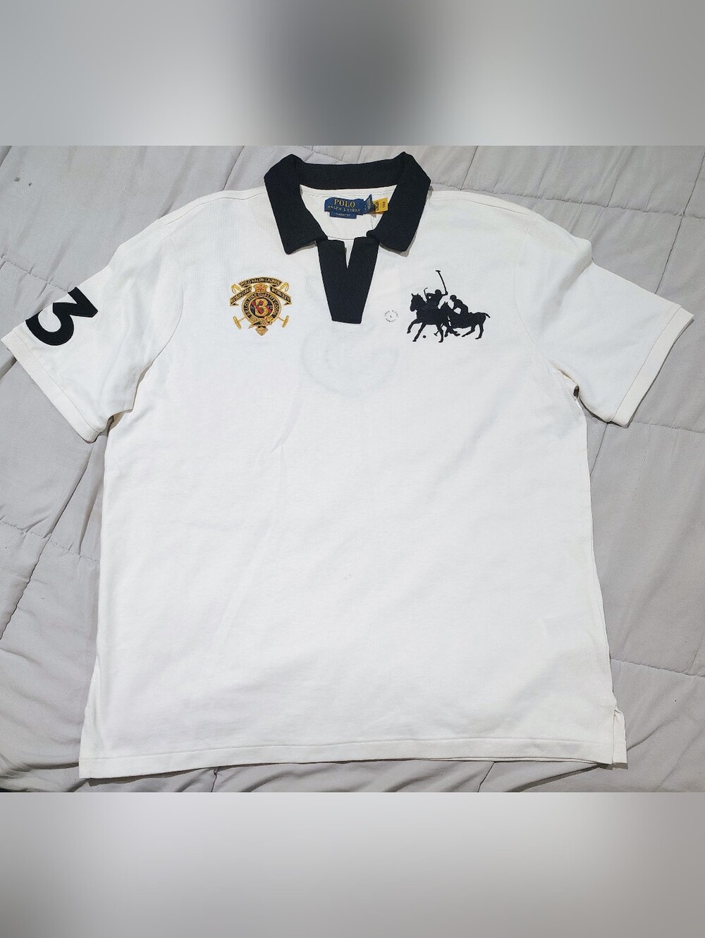 Ralph Lauren White Polo with Black Collar and Number 3 Sleeve Size Large NWT